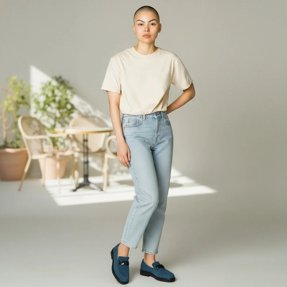 Memphisto Peacock Blue Velvet Leather SALKA Slip-On Loafers with Lug Sole